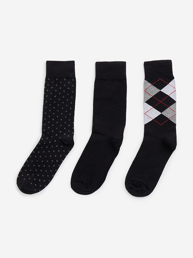 WES Lounge Black Printed Socks - Pack of 3