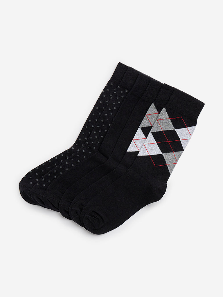 WES Lounge Black Printed Socks - Pack of 3