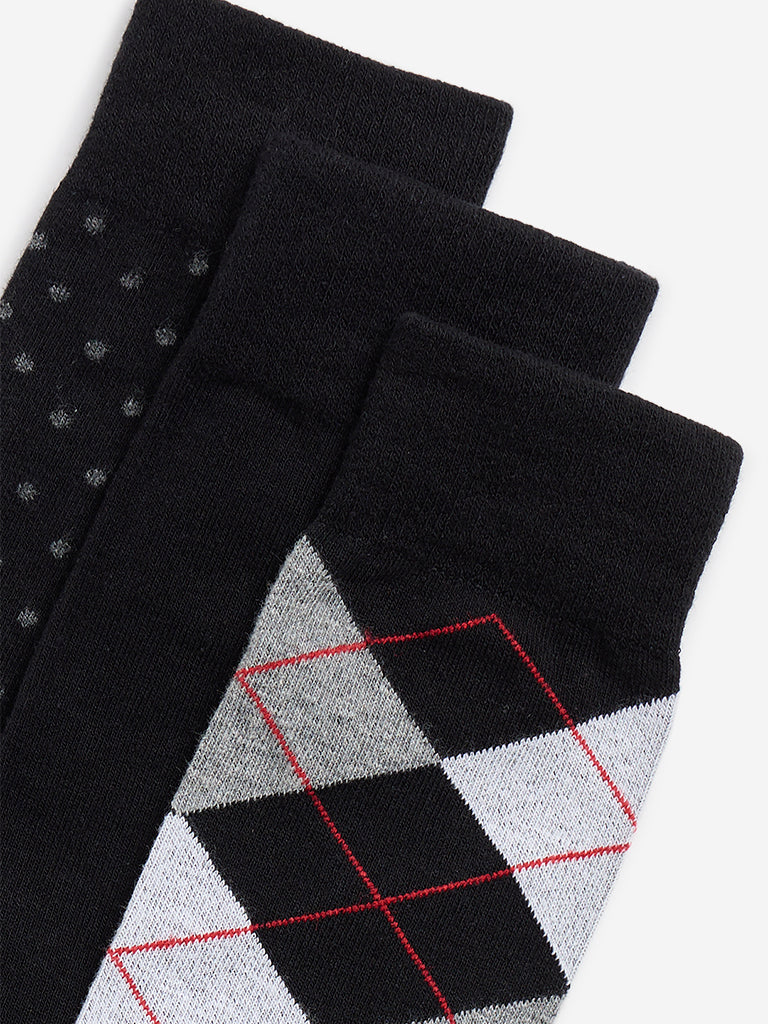 WES Lounge Black Printed Socks - Pack of 3