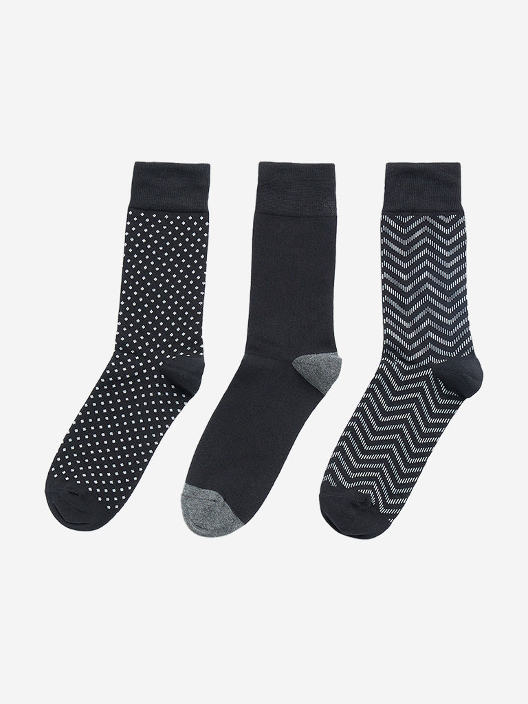 WES Lounge Black Printed Cotton Blend Socks - Pack of 3