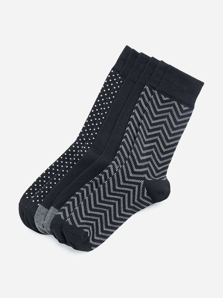 WES Lounge Black Printed Cotton Blend Socks - Pack of 3