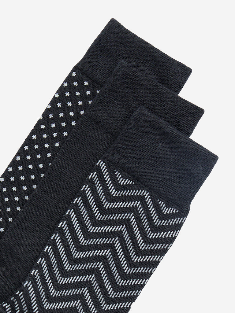 WES Lounge Black Printed Cotton Blend Socks - Pack of 3