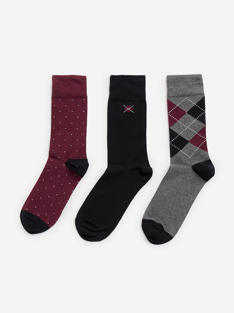 WES Lounge Wine Printed Cotton Blend Socks - Pack of 3