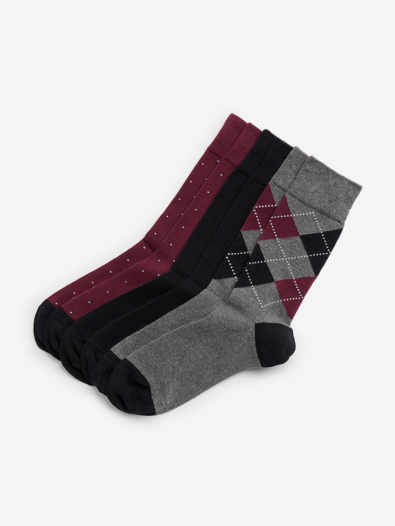 WES Lounge Wine Printed Cotton Blend Socks - Pack of 3