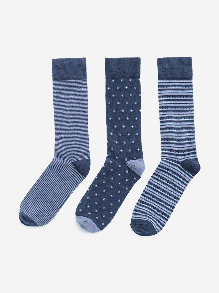 WES Lounge Navy Printed Cotton Blend Socks - Pack of 3