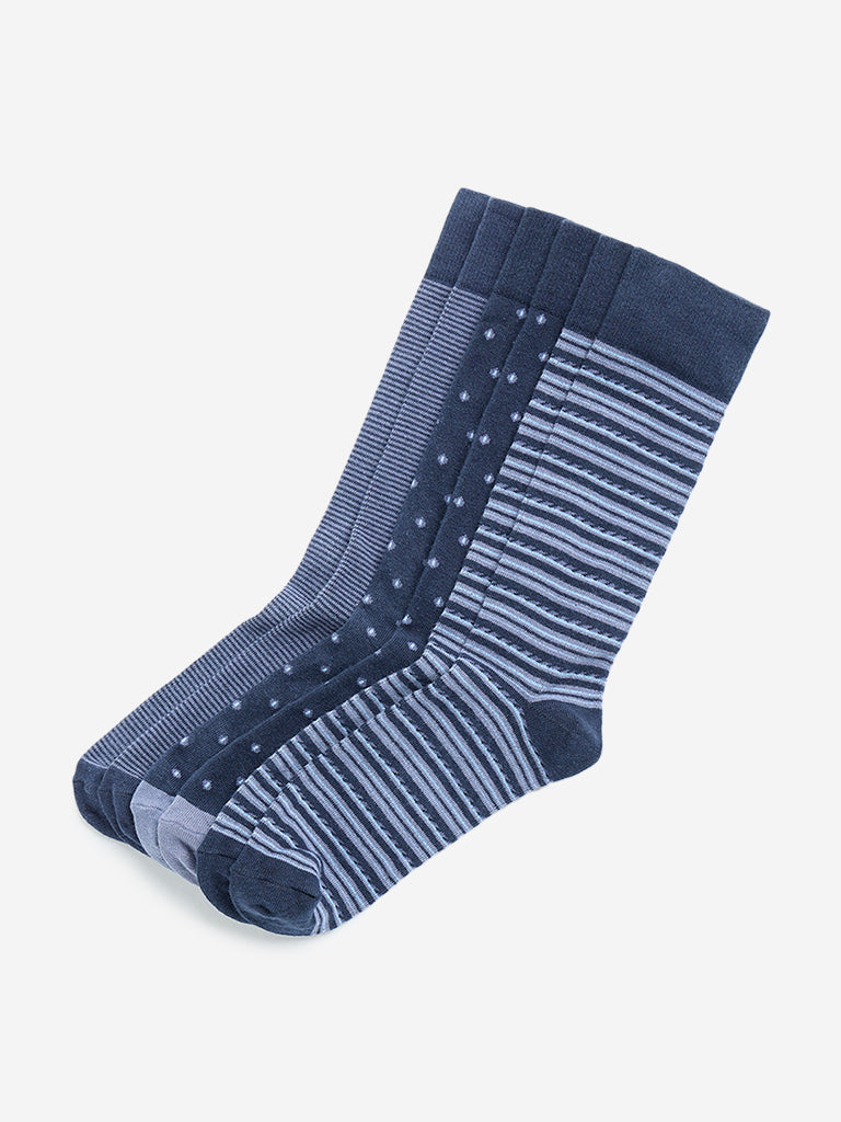 WES Lounge Navy Printed Cotton Blend Socks - Pack of 3