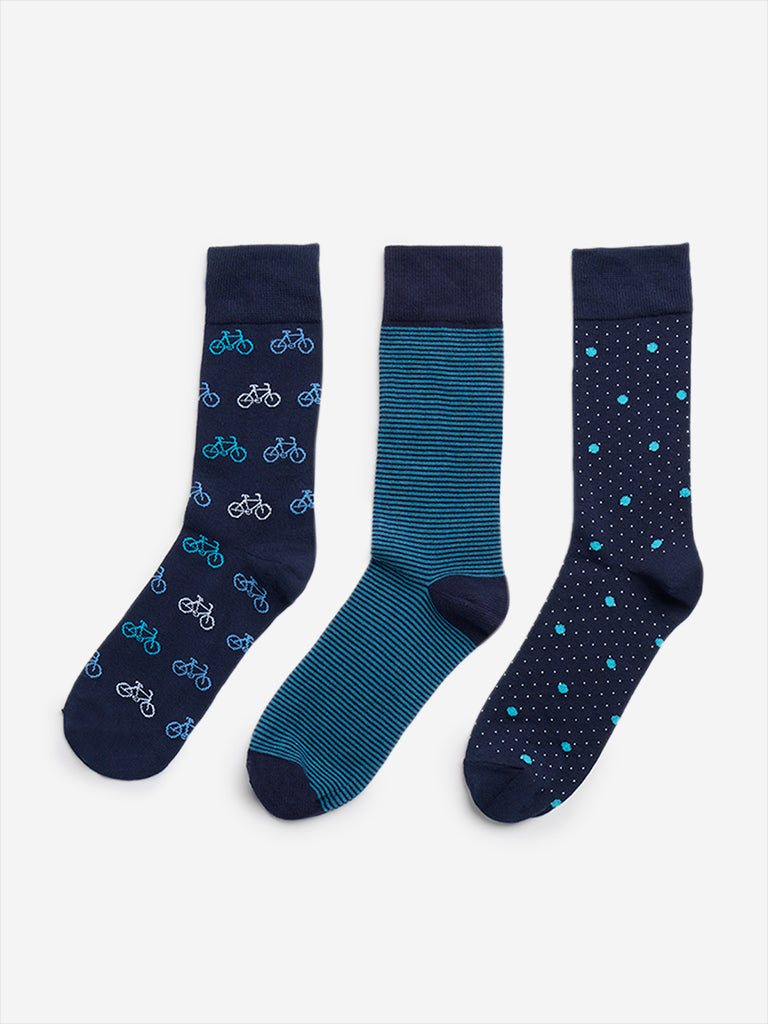 WES Lounge Navy Patterned Socks - Pack of 3