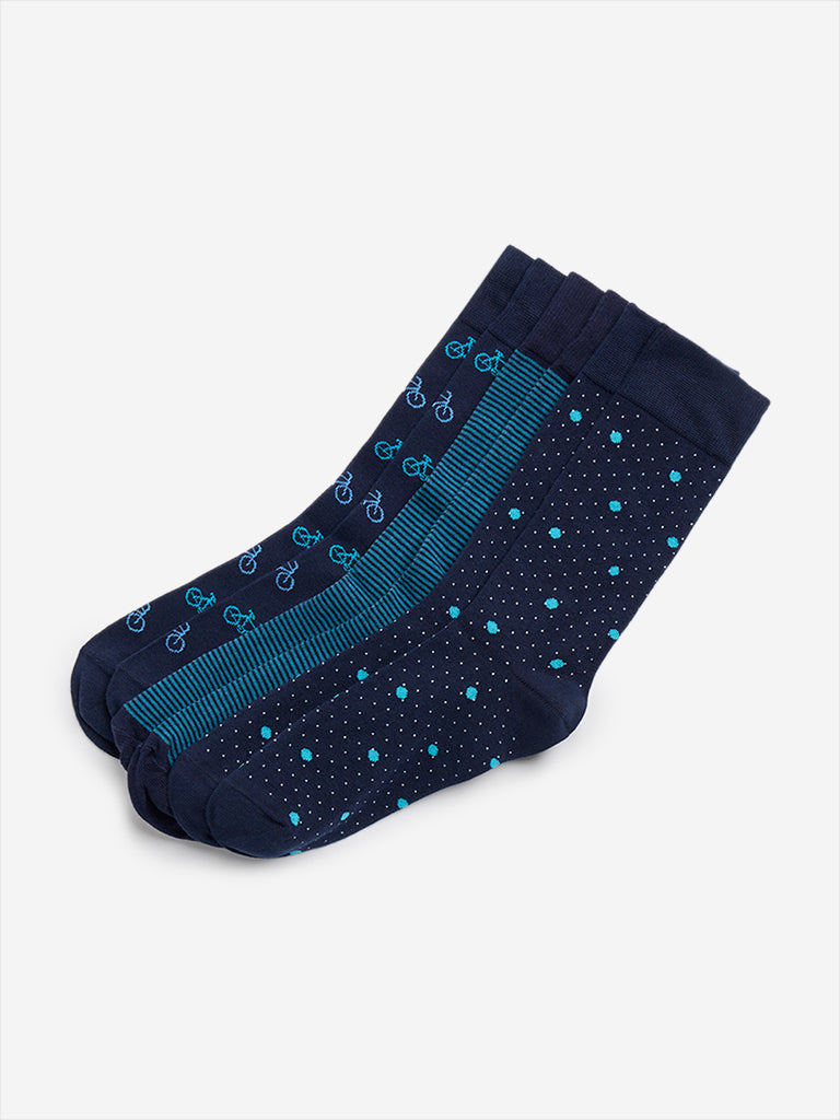 WES Lounge Navy Patterned Socks - Pack of 3