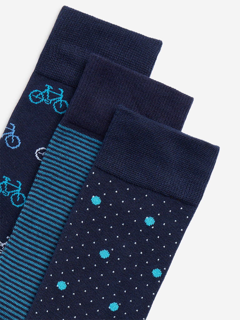 WES Lounge Navy Patterned Socks - Pack of 3