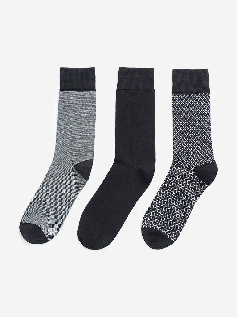 WES Lounge Black Patterned Cotton Blend Socks - Pack of 3