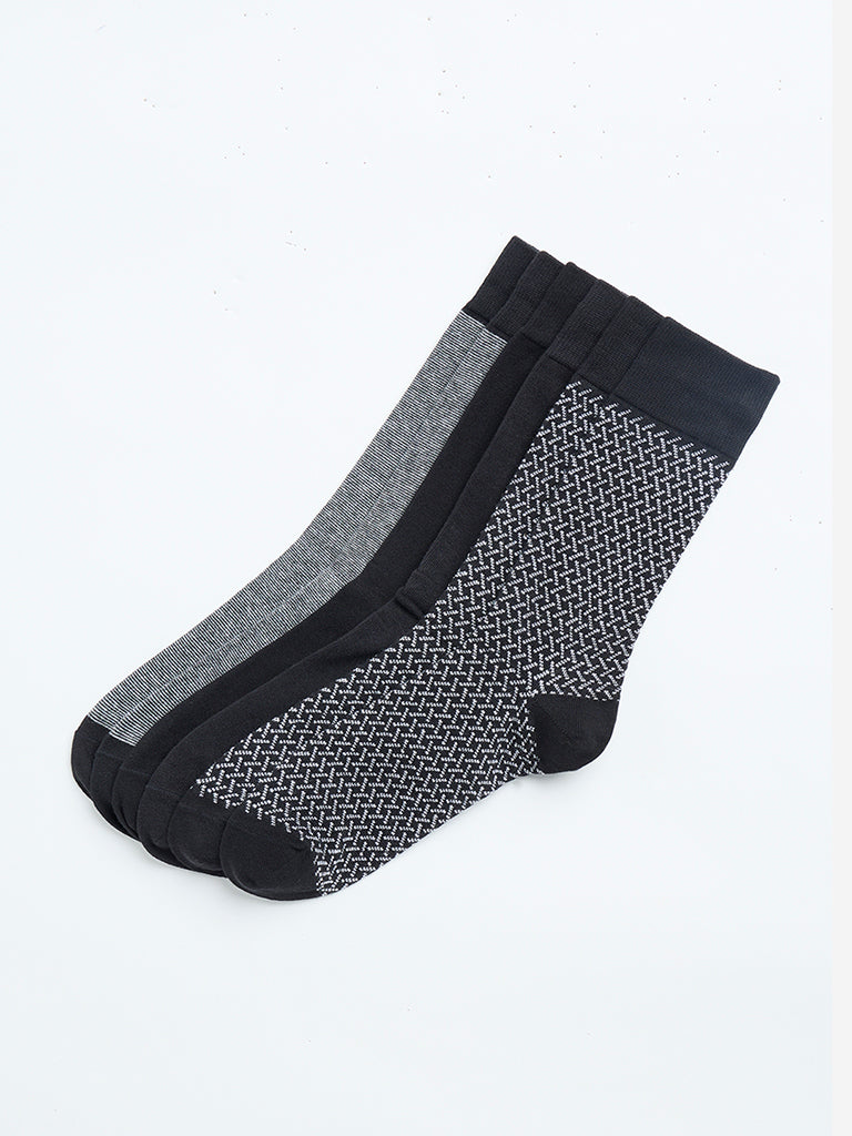 WES Lounge Black Patterned Cotton Blend Socks - Pack of 3