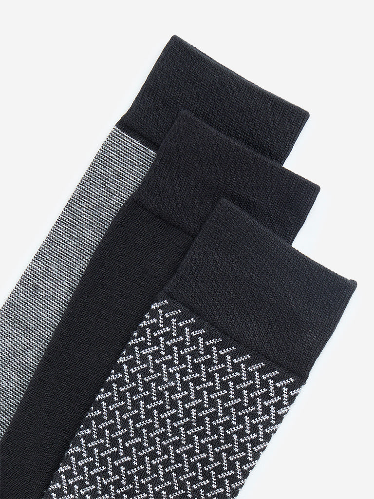 WES Lounge Black Patterned Cotton Blend Socks - Pack of 3