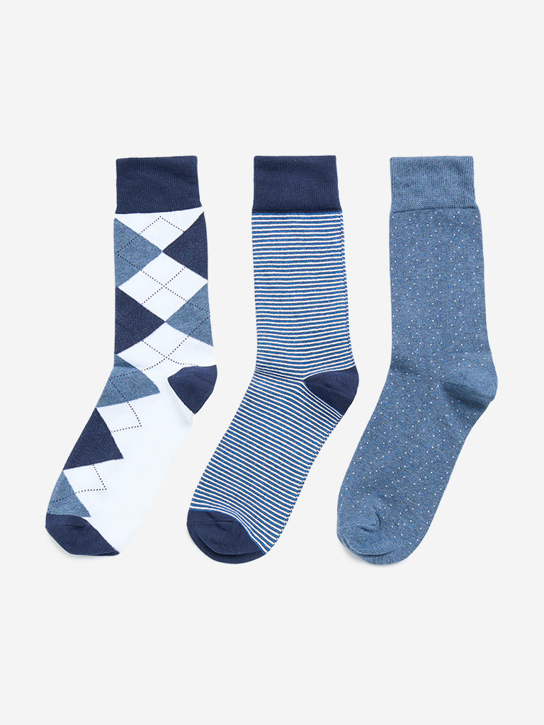 WES Lounge Blue Printed Socks - Pack of 3