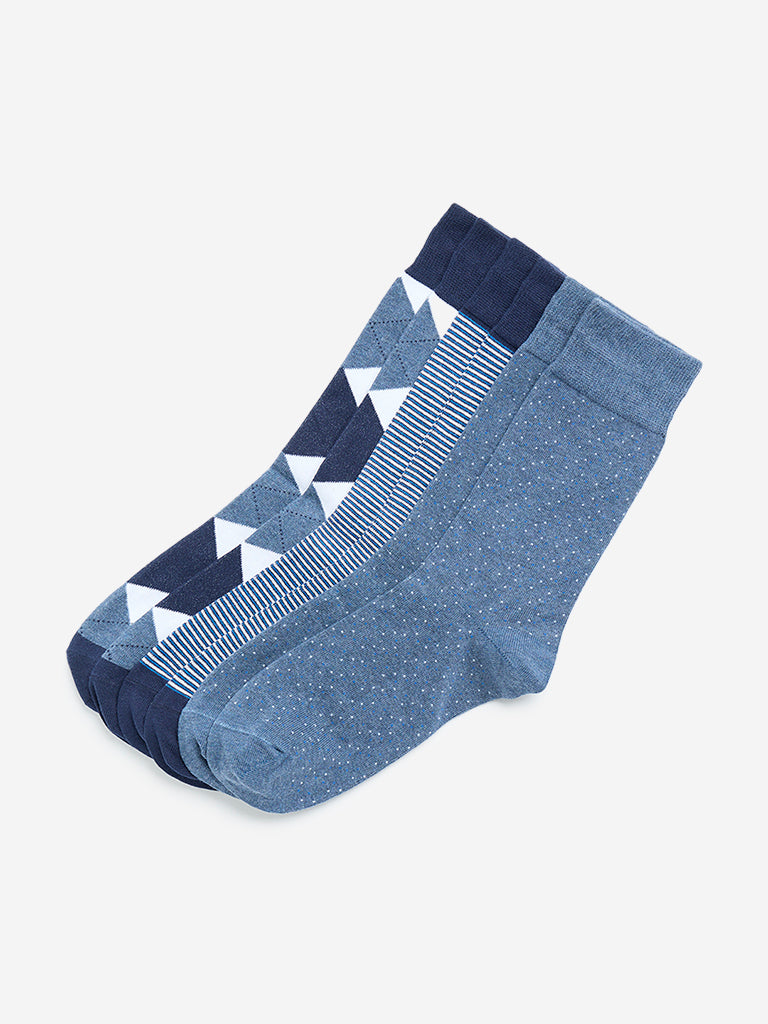 WES Lounge Blue Printed Socks - Pack of 3