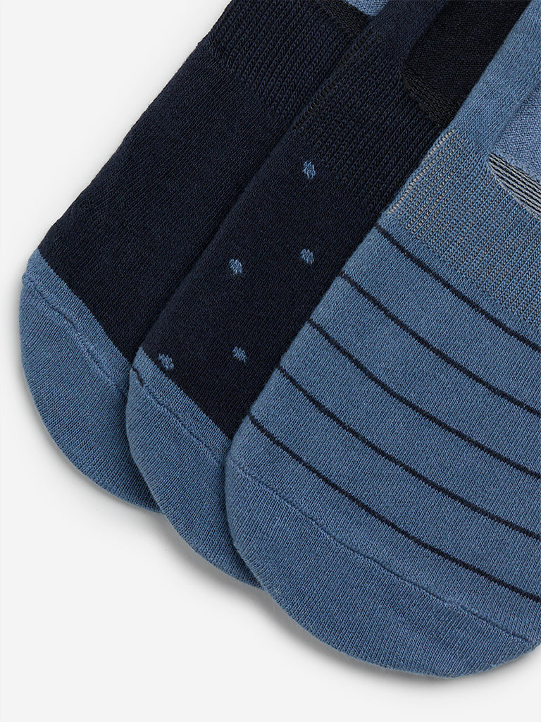 WES Lounge Blue Colour blocked Invisible Cotton Blend Socks - Pack of 3