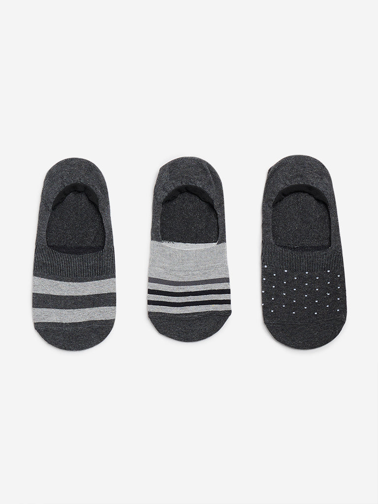 WES Lounge Grey Printed Invisible Socks - Pack of 3