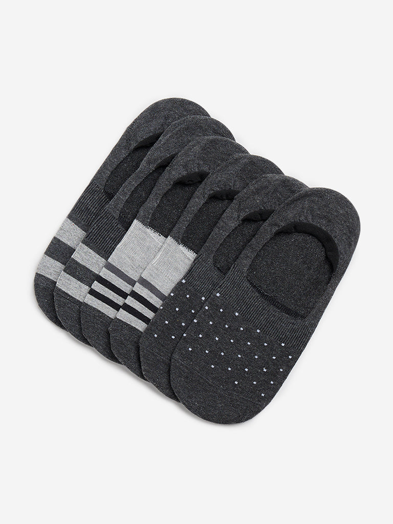 WES Lounge Grey Printed Invisible Socks - Pack of 3