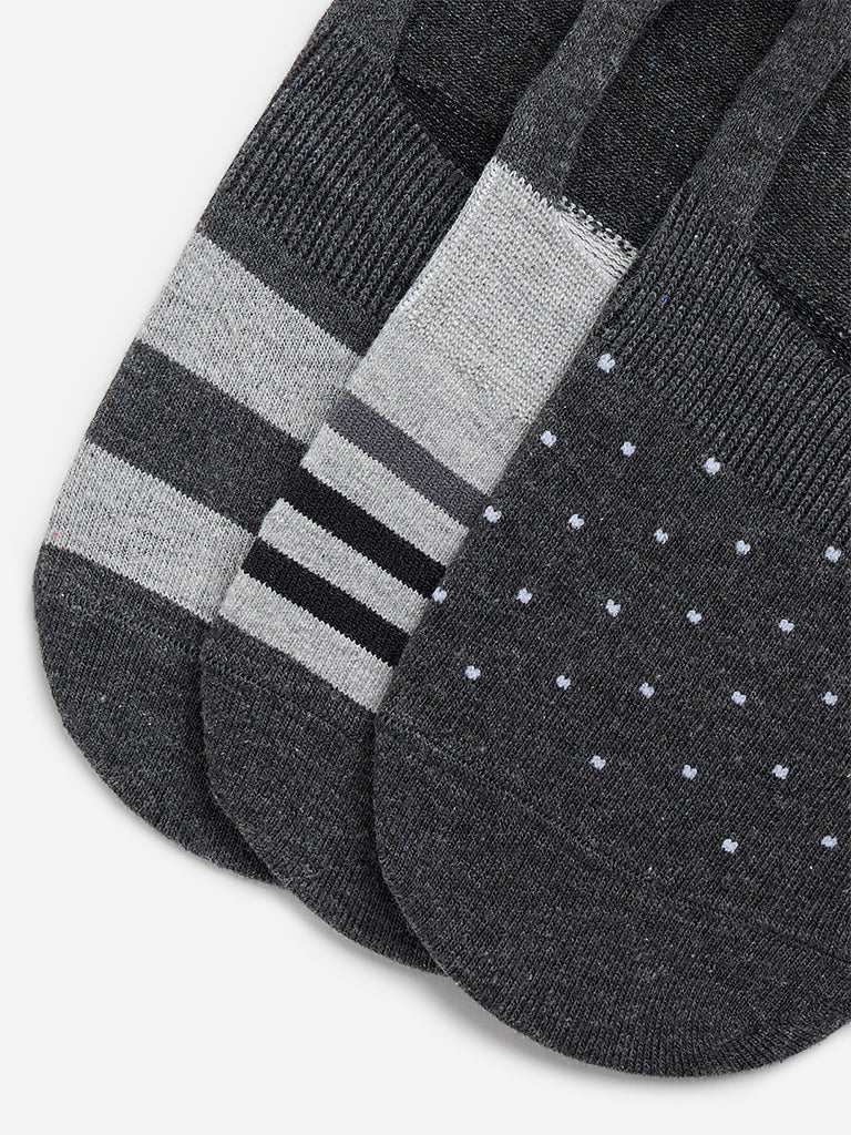 WES Lounge Grey Printed Invisible Socks - Pack of 3