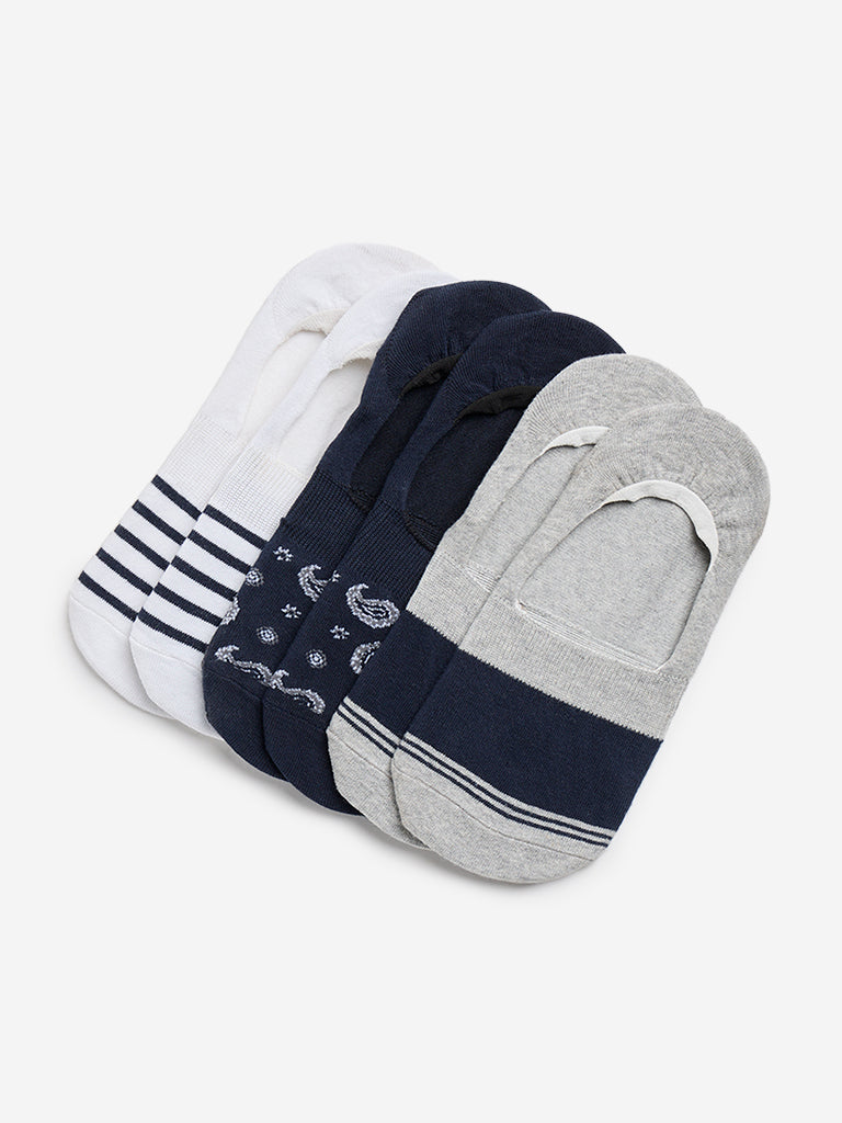 WES Lounge Navy Striped Invisible Socks - Pack of 3