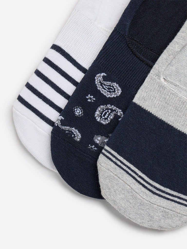 WES Lounge Navy Striped Invisible Socks - Pack of 3