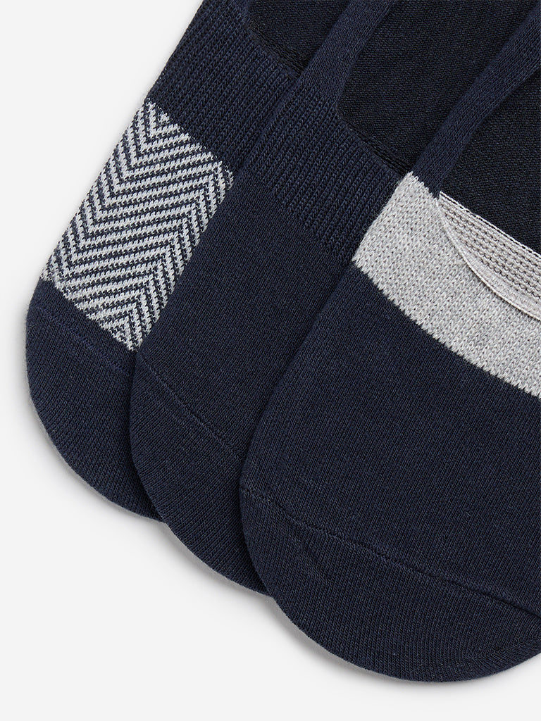 WES Lounge Navy Colour blocked Invisible Socks - Pack of 3