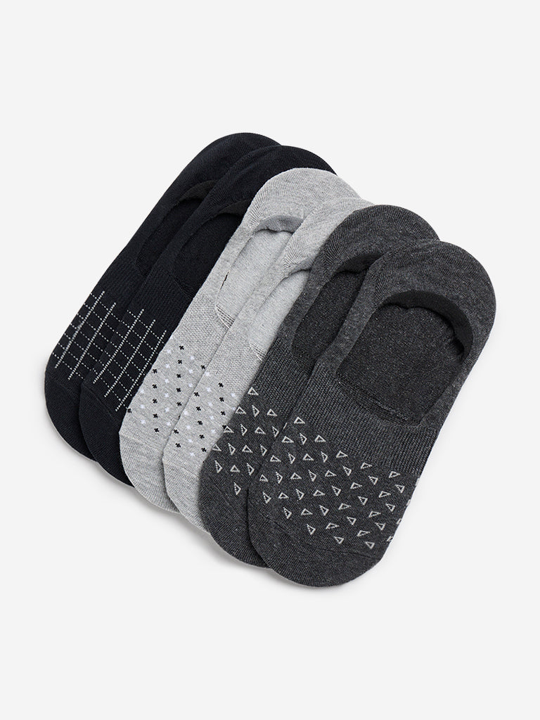 WES Lounge Grey Printed Invisible Socks - Pack of 3