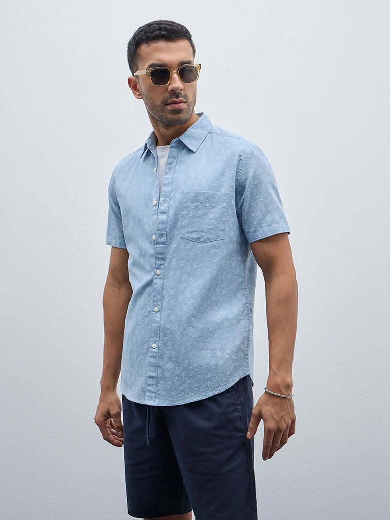 WES Casuals Blue Foliage Printed Slim-Fit Cotton Shirt