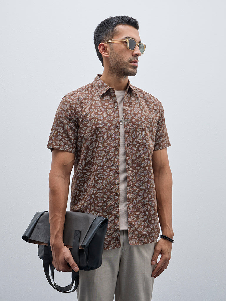 WES Casuals Brown Leaf Printed Slim-Fit Cotton Shirt