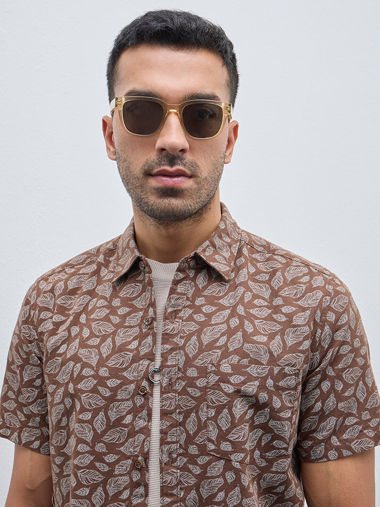 WES Casuals Brown Leaf Printed Slim-Fit Cotton Shirt