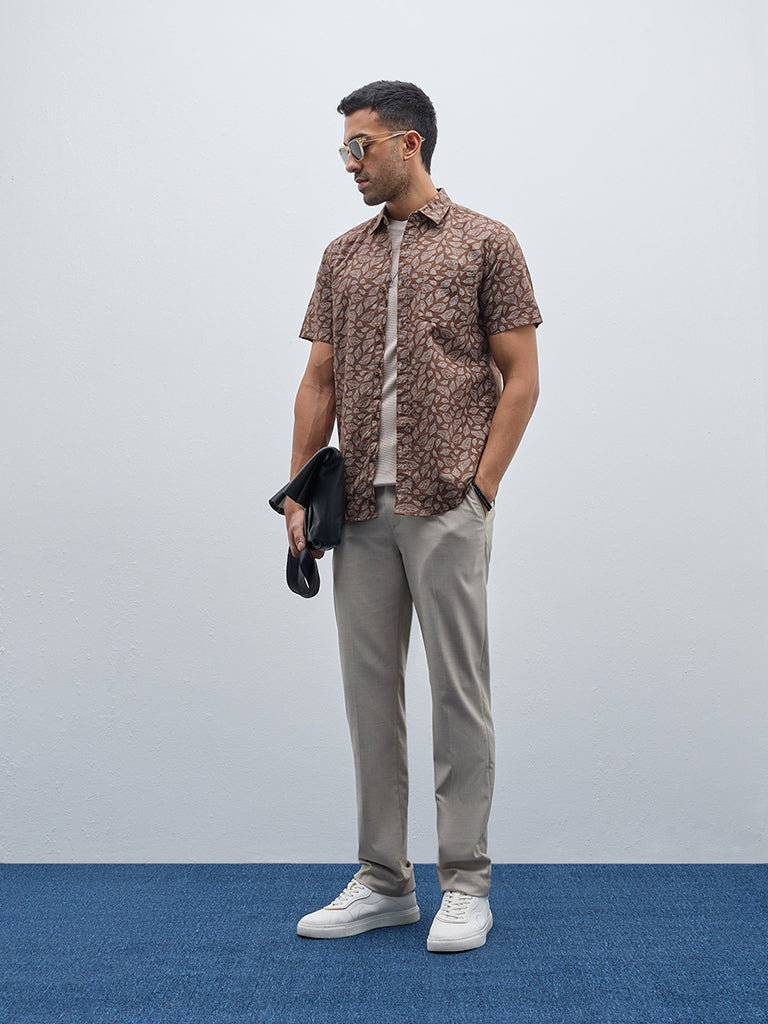 WES Casuals Brown Leaf Printed Slim-Fit Cotton Shirt