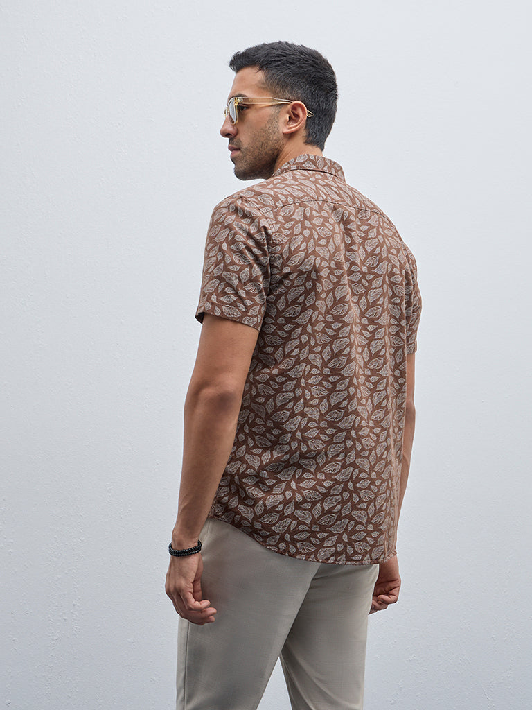 WES Casuals Brown Leaf Printed Slim-Fit Cotton Shirt