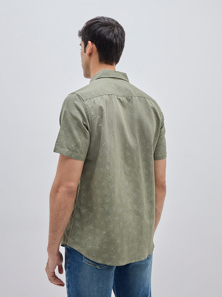 WES Casuals Green Printed Slim-Fit Shirt