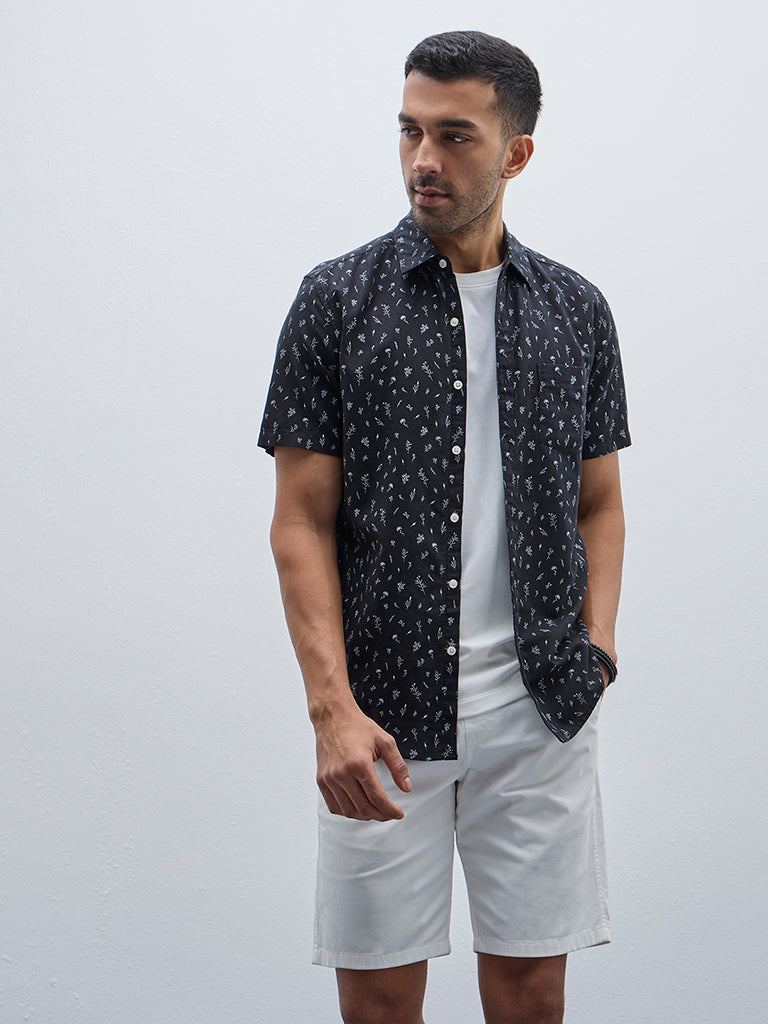 WES Casuals Black Floral Printed Slim-Fit Cotton Shirt