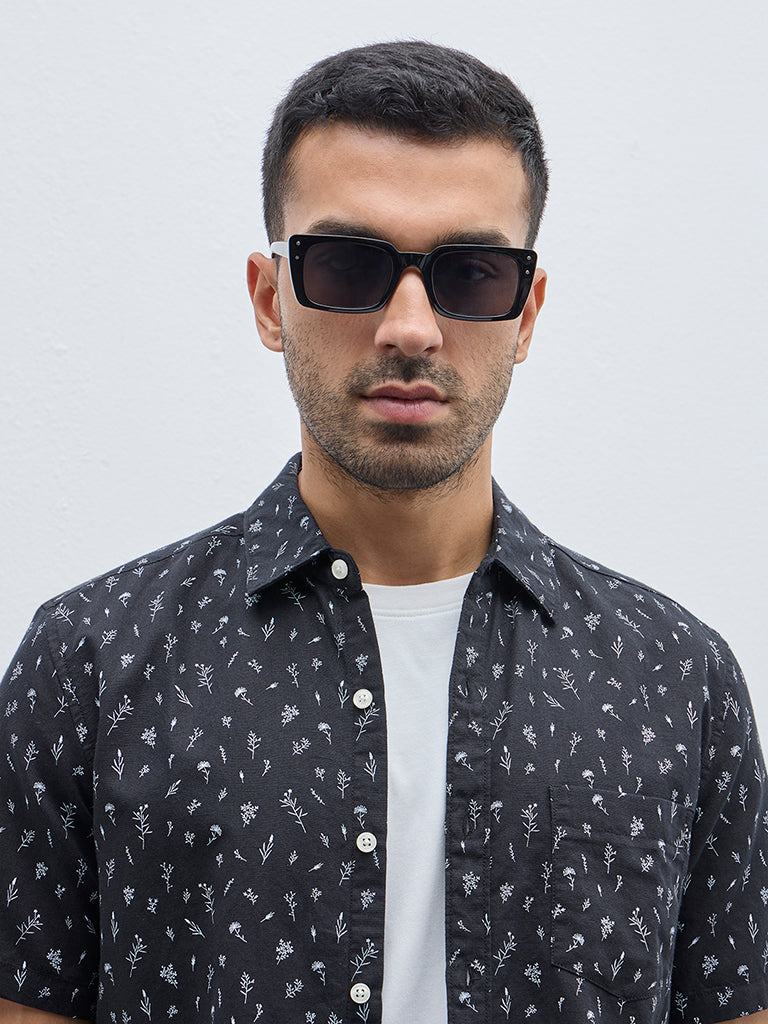 WES Casuals Black Floral Printed Slim-Fit Cotton Shirt