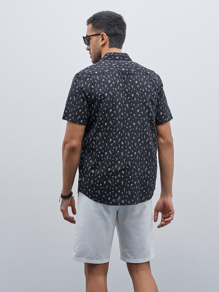 WES Casuals Black Floral Printed Slim-Fit Cotton Shirt