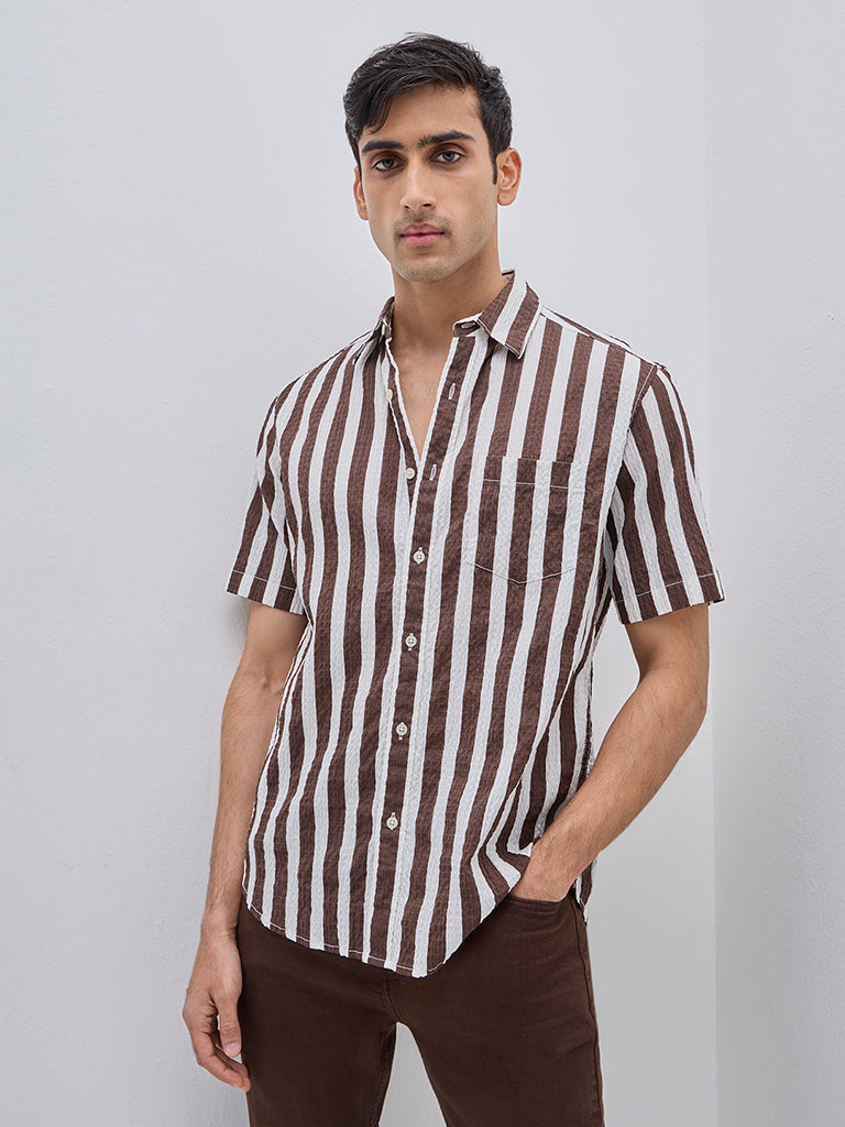 WES Casuals Brown Crinkle Relaxed-Fit Cotton Blend Shirt