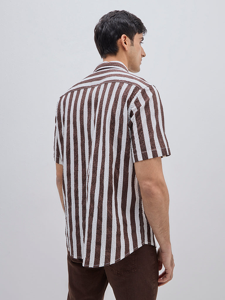 WES Casuals Brown Crinkle Relaxed-Fit Cotton Blend Shirt