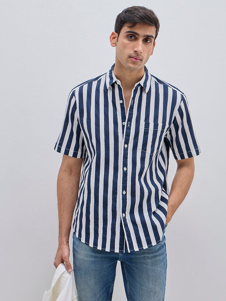 WES Casuals Navy Crinkle Relaxed-Fit Cotton Blend Shirt