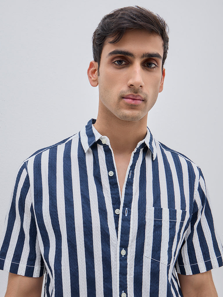 WES Casuals Navy Crinkle Relaxed-Fit Cotton Blend Shirt