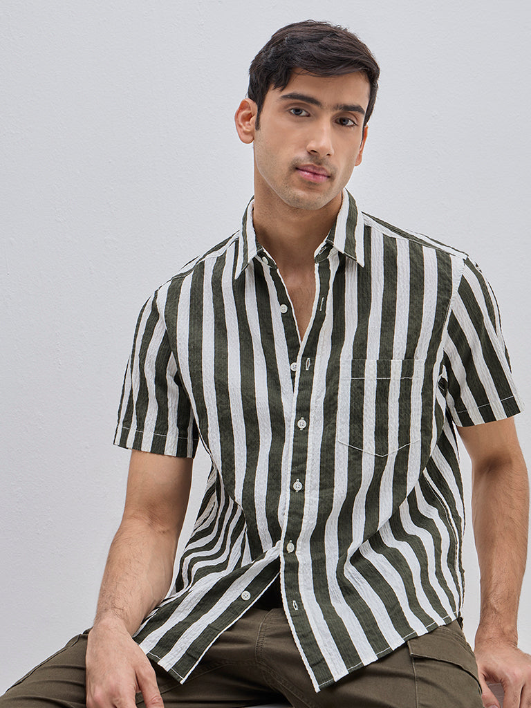 WES Casuals Olive Striped Relaxed-Fit Cotton Blend Shirt