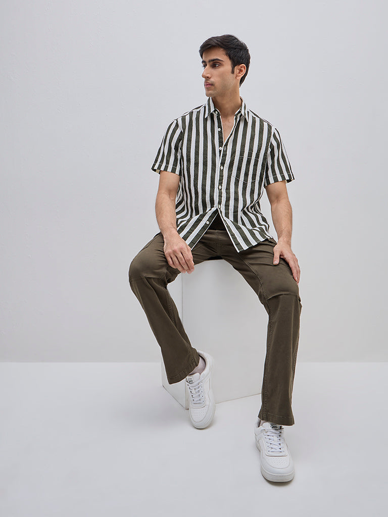 WES Casuals Olive Striped Relaxed-Fit Cotton Blend Shirt