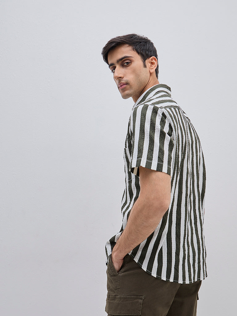 WES Casuals Olive Striped Relaxed-Fit Cotton Blend Shirt