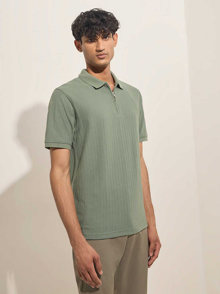 WES Casuals Dark Sage Relaxed-Fit Cotton-Blend Polo T-Shirt