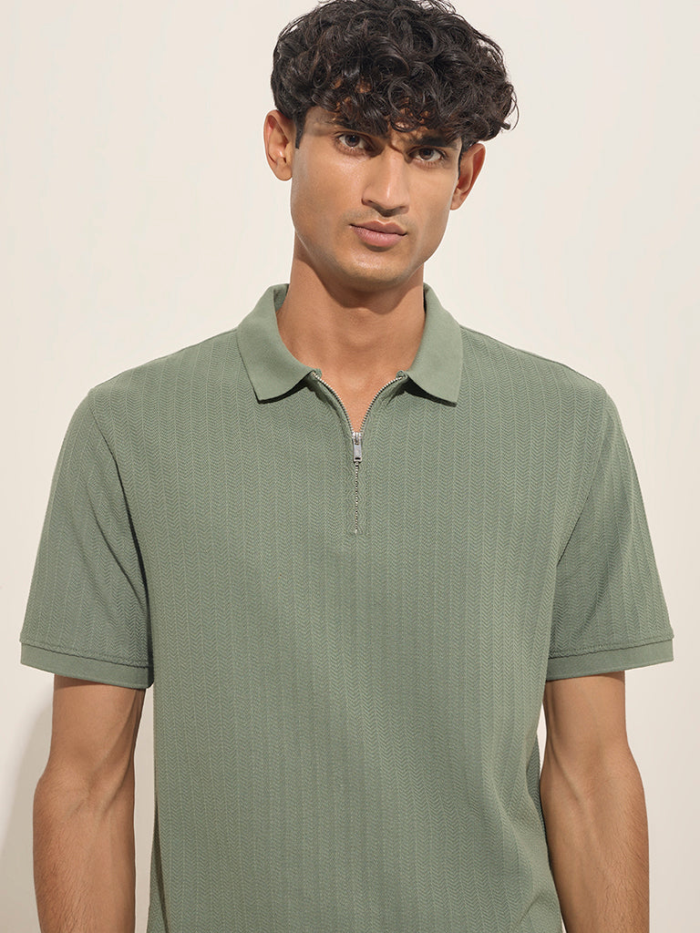 WES Casuals Dark Sage Relaxed-Fit Cotton-Blend Polo T-Shirt