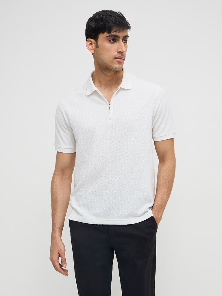 WES Casuals White Relaxed-Fit Cotton-Blend Polo T-Shirt