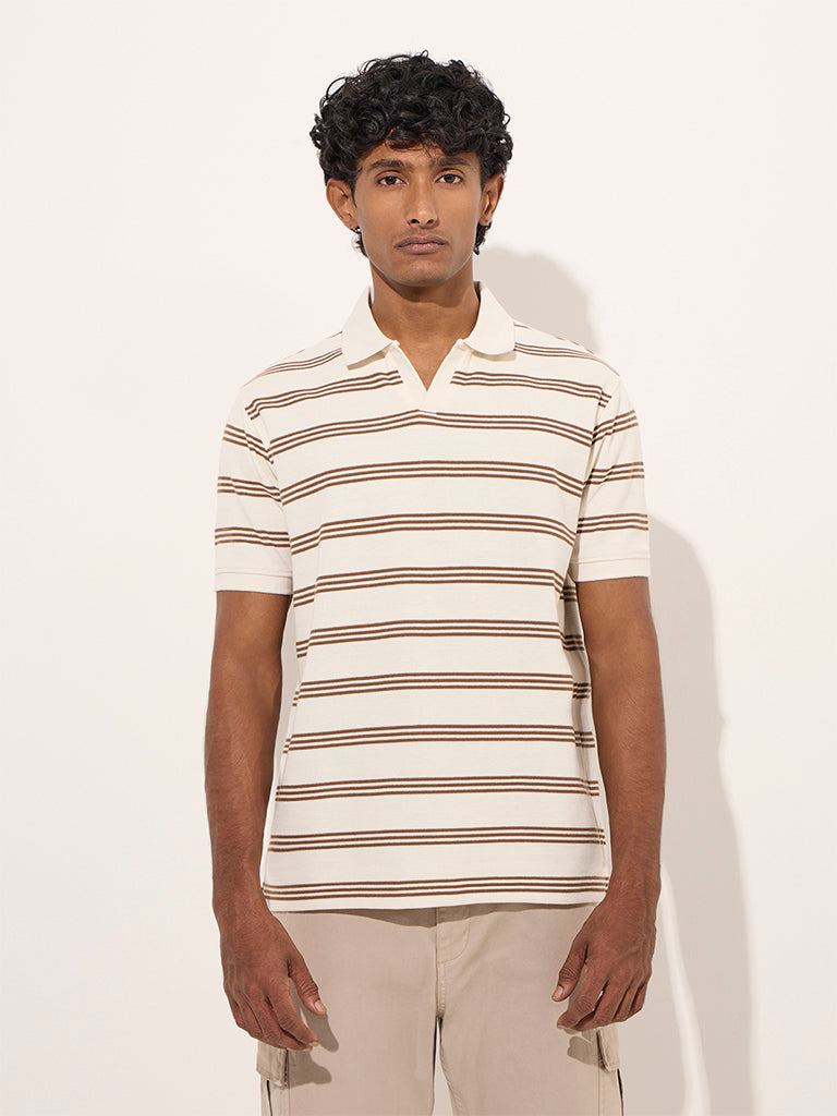 WES Casuals Beige Striped Relaxed-Fit Cotton-Blend Polo T-Shirt