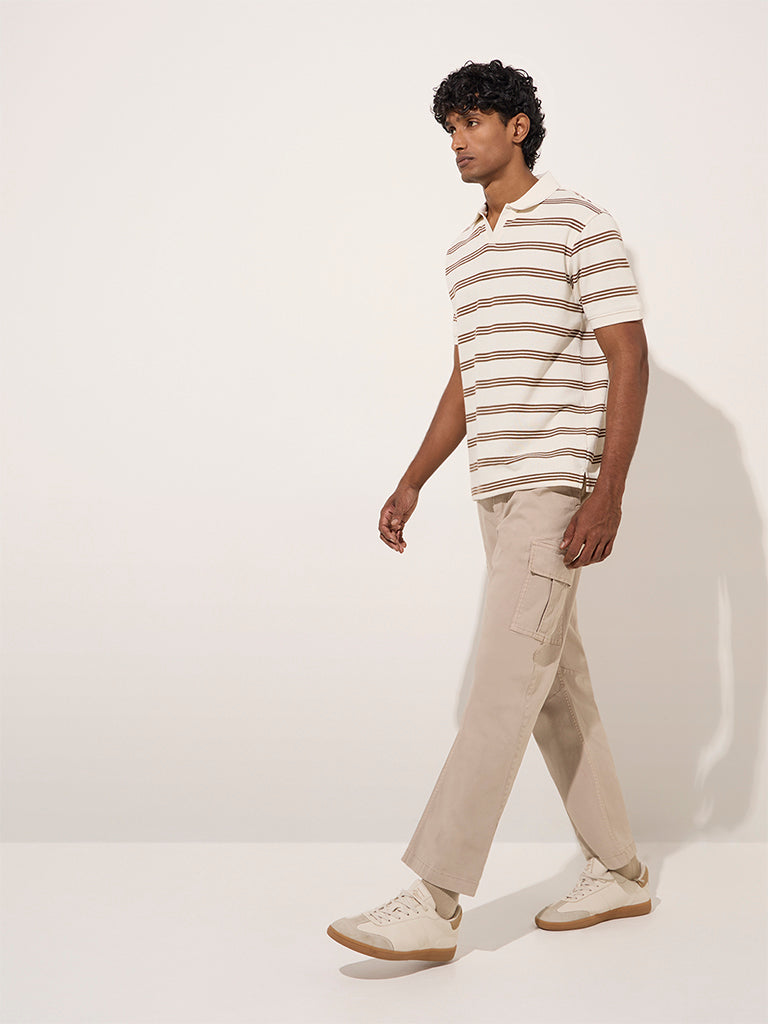 WES Casuals Beige Striped Relaxed-Fit Cotton-Blend Polo T-Shirt