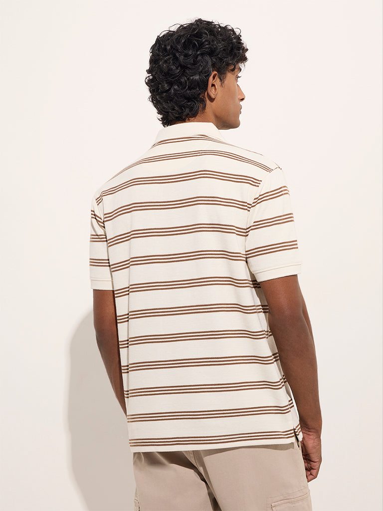 WES Casuals Beige Striped Relaxed-Fit Cotton-Blend Polo T-Shirt