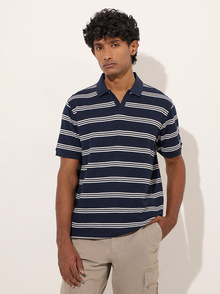 WES Casuals Navy Striped Relaxed-Fit Cotton-Blend Polo T-Shirt