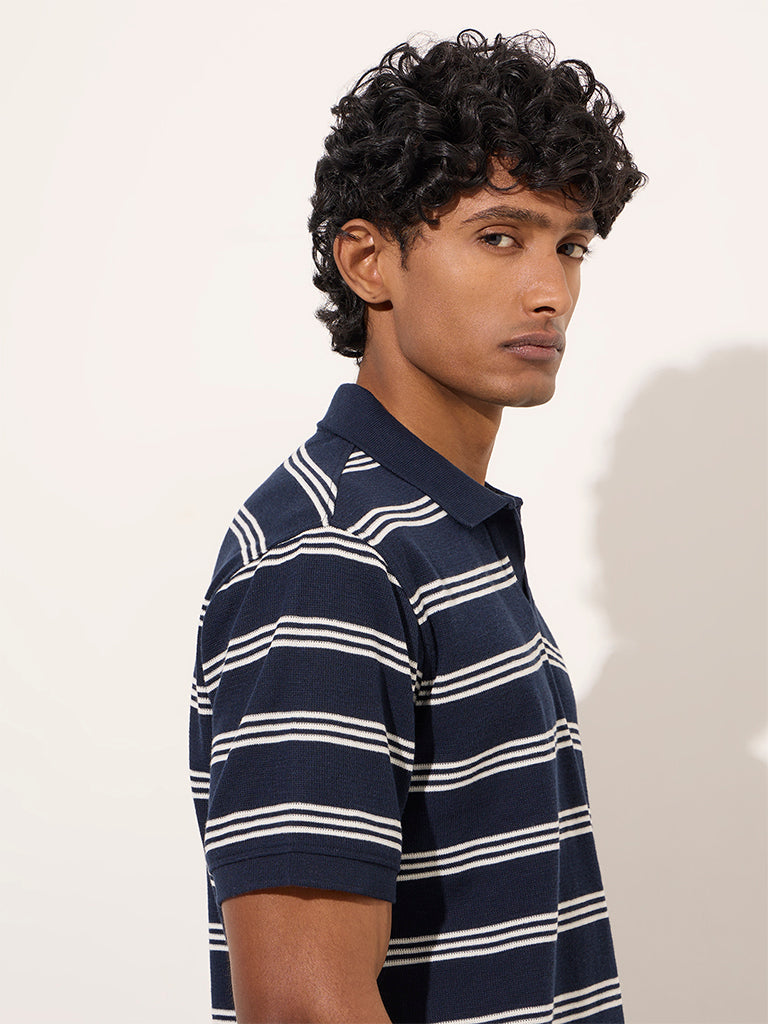 WES Casuals Navy Striped Relaxed-Fit Cotton-Blend Polo T-Shirt